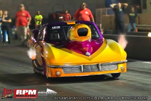 Fredy Scriba on a flaming nitrous pass in his 63 vette Pro Mod takes the win At NEOPMA Pro Mods Atco 2015