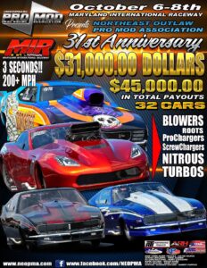 NEOPMA Pro Mods 31st anniversary flyer 2023 at Maryland International Raceway